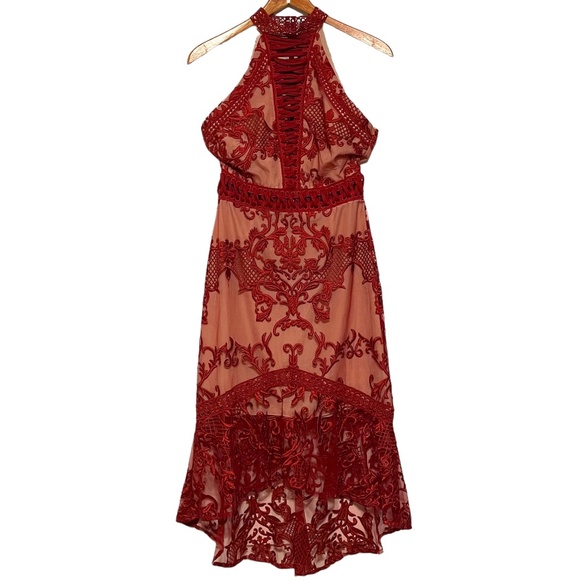 True Decadence Asos Lace‎ Halter Peplum Hi-Lo Hem Pencil Dress in Berry Size 8 - Picture 1 of 7